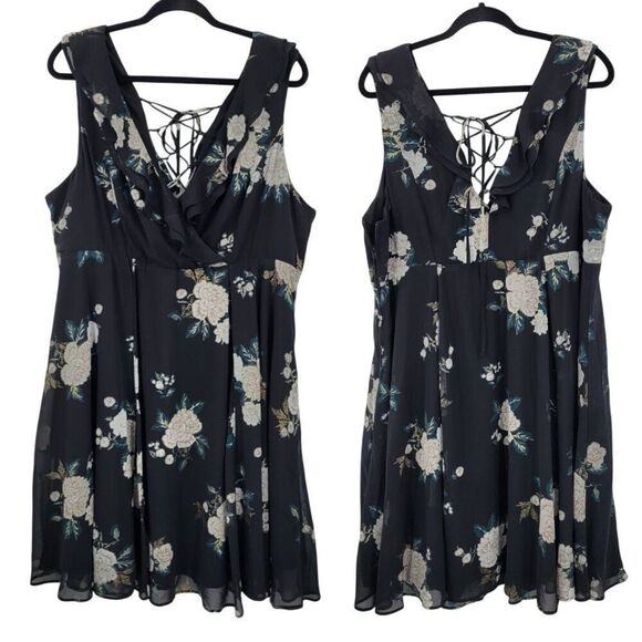 Torrid Baby Doll Skater Mini Dress Plus Sz 18 Black Floral Chiffon Lace-Up Back - Picture 1 of 12